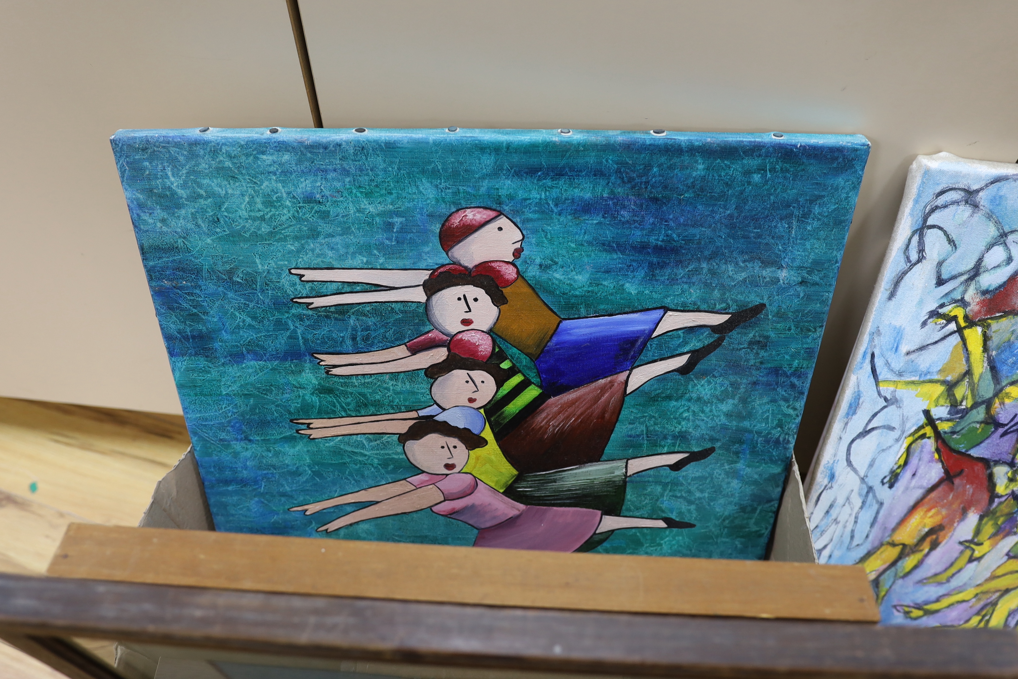 Collection of pictures and prints including oil on canvas, Semi-nude female, signed Ellectra and two hand coloured maps